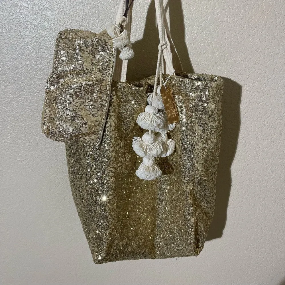 Anthropologie JadeTribe Gold Sequin Tote with Cream Tassels - Picture 4 of 8